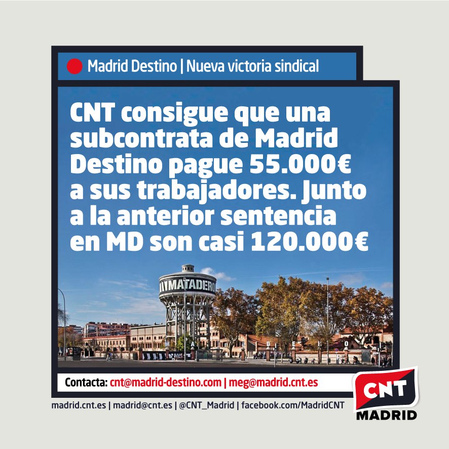 CNT consigue que una subcontrata de Madrid Destino pague 55.000 euros a sus trabajadores.