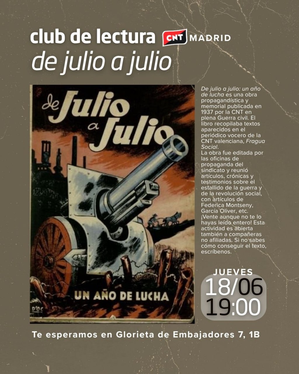 Cartel de la sesión del club de lectura de De julio a julio
