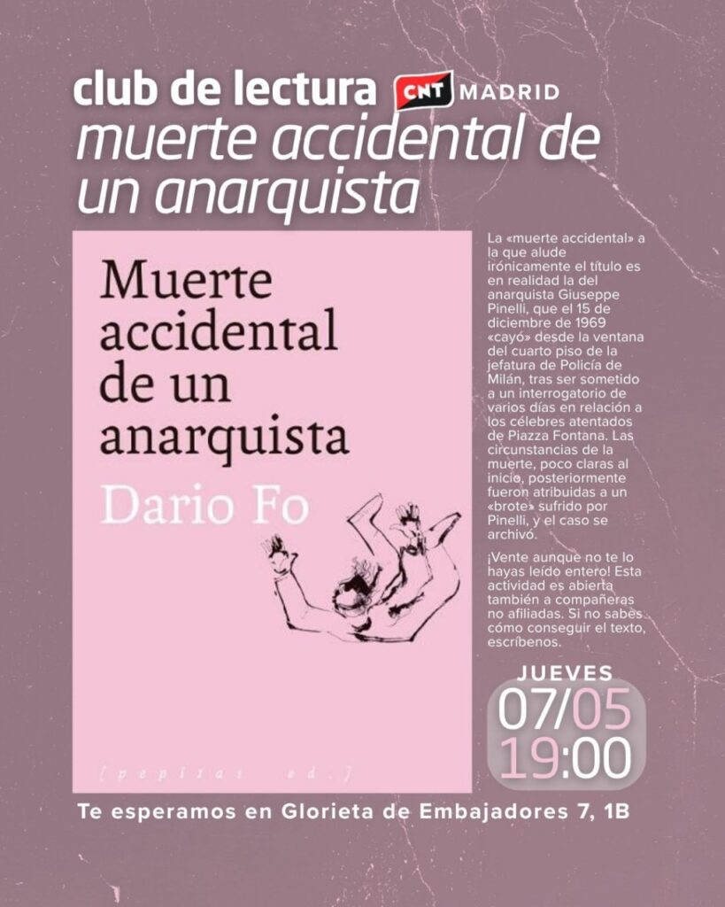 Cartel de Muerte accidental de un anarquista para el Club de lectura