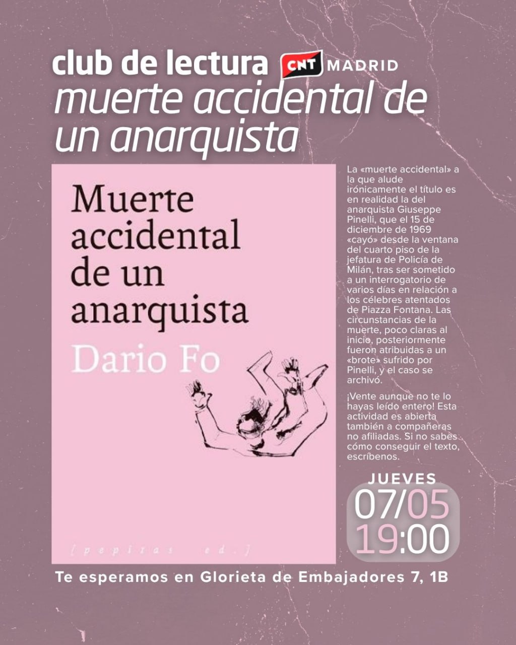 Cartel de Muerte accidental de un anarquista para el Club de lectura