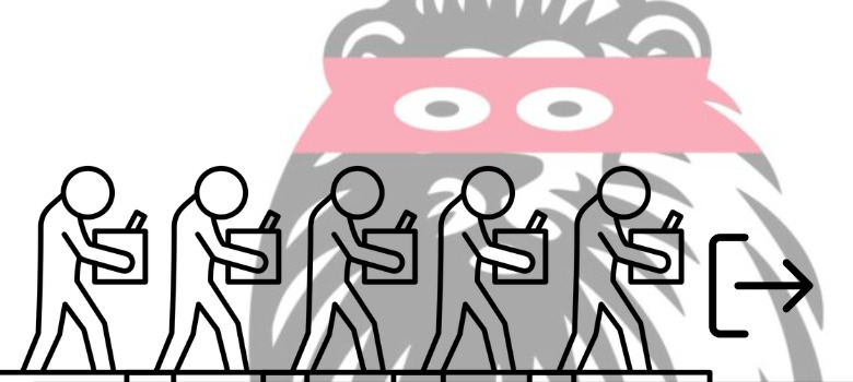 el logotipo del León del periódico de El Español, con antifaz rojo mirando a un grupo de monigotes que van a la salida